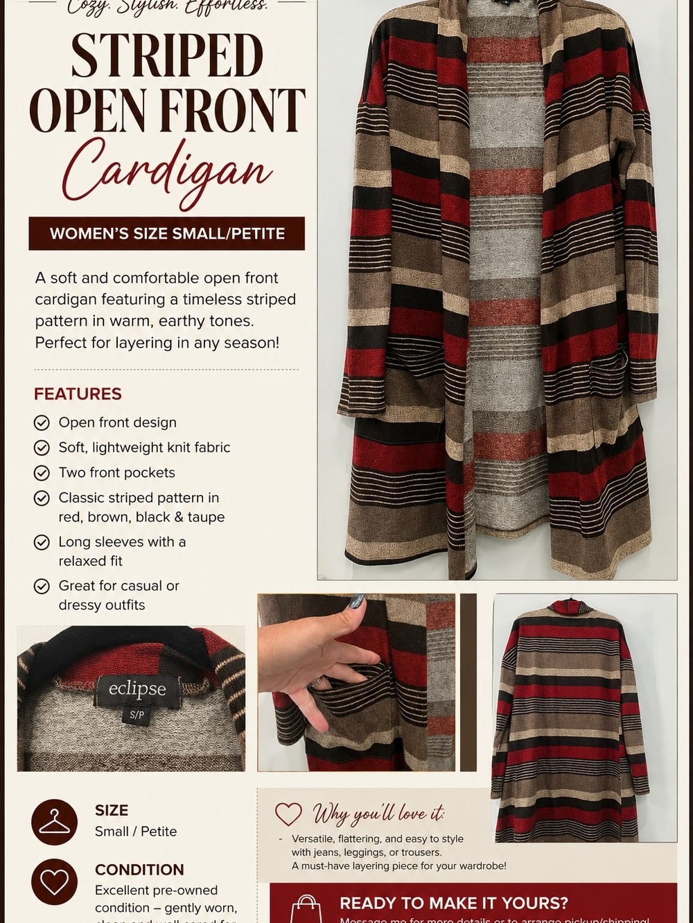 Eclipse Striped Open Front Cardigan - Red, Brown & Black